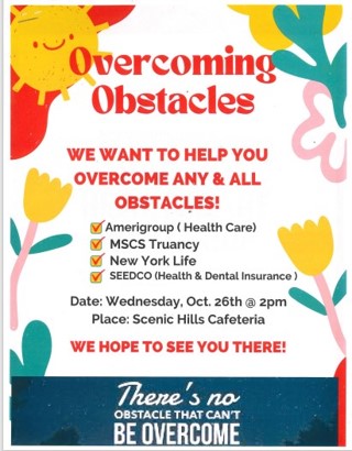 Overcoming Obstacles will take place on Wednesday, October 26th at 2:00p.m.